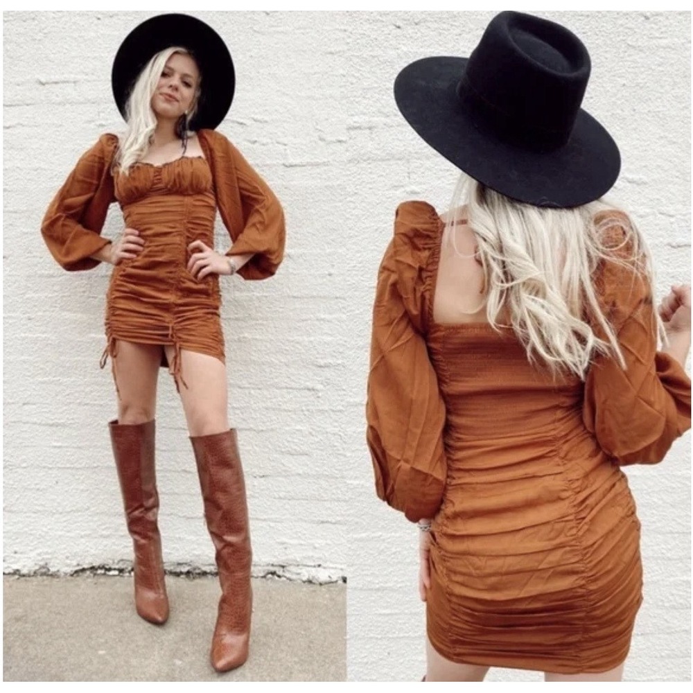 ASTR The LABEL Bronze MARDI Long Sleeve RUCHED Lace Trimmed MINI DRESS M